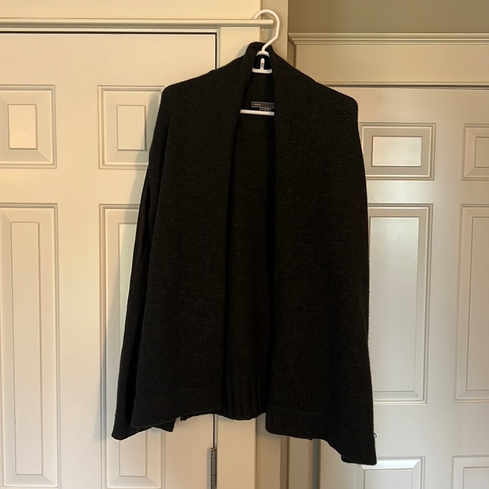 Dark grey sweater with leather type sleeves. Excellent condition